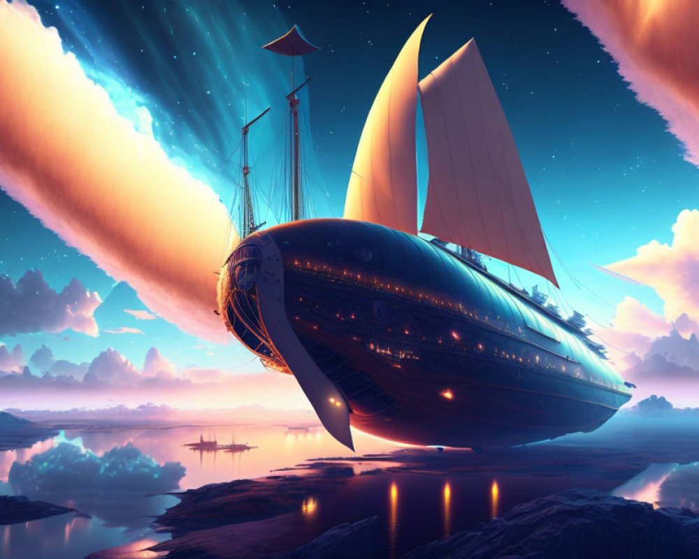 Fantastical airship with large sails over tranquil water at sunset