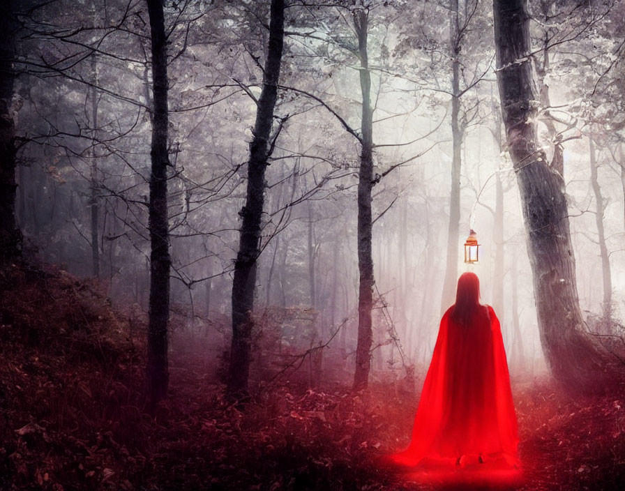 Mysterious figure in red cloak with lantern in foggy forest