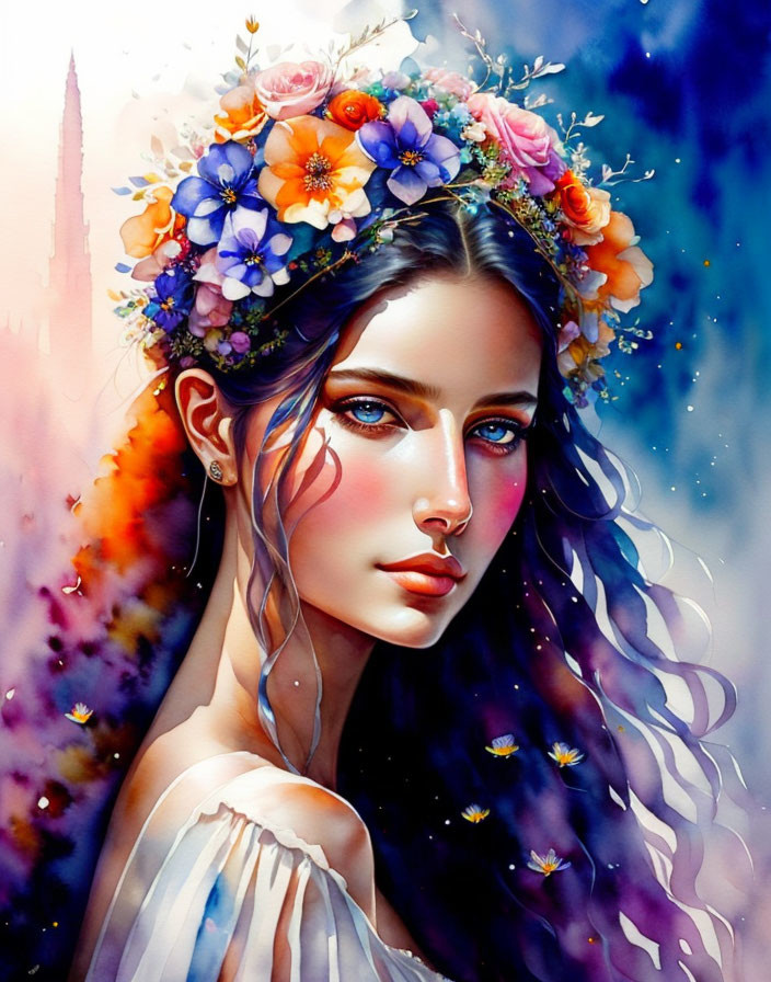 Woman with floral wreath and blue eyes in colorful, fantastical setting