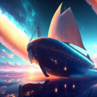 Fantastical airship with large sails over tranquil water at sunset