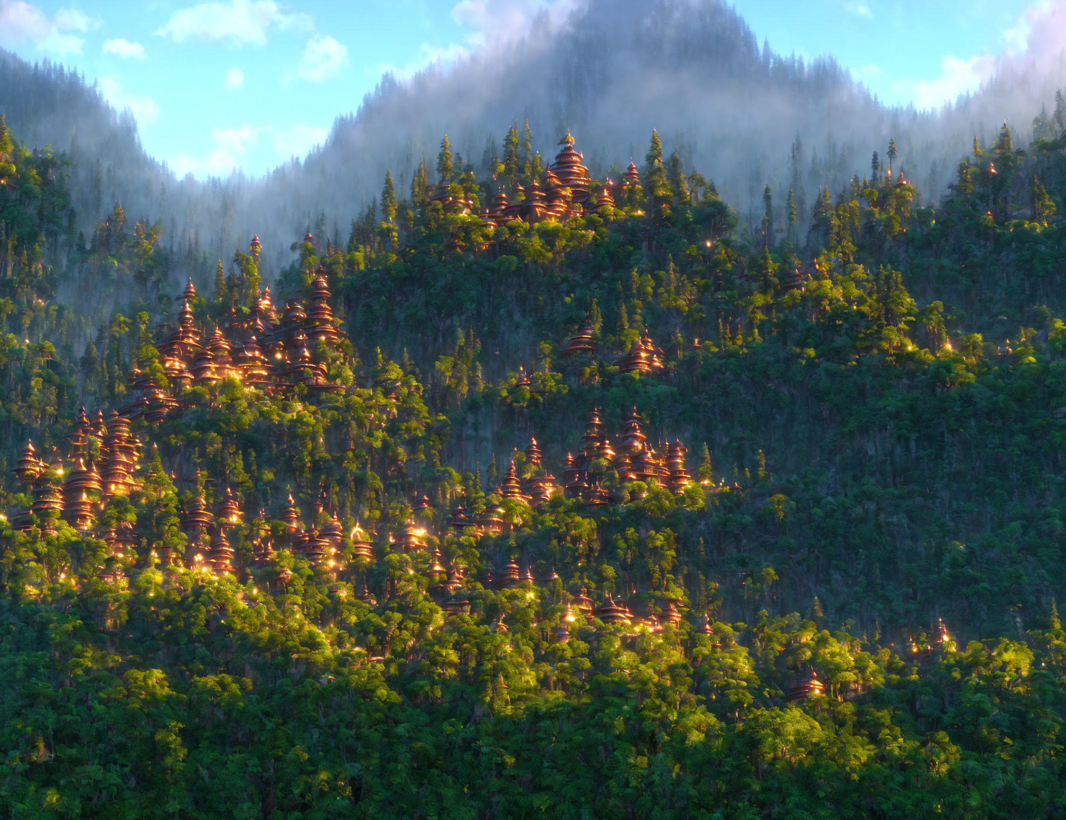 Sunlit green forested hills under hazy sky: a magical scene.