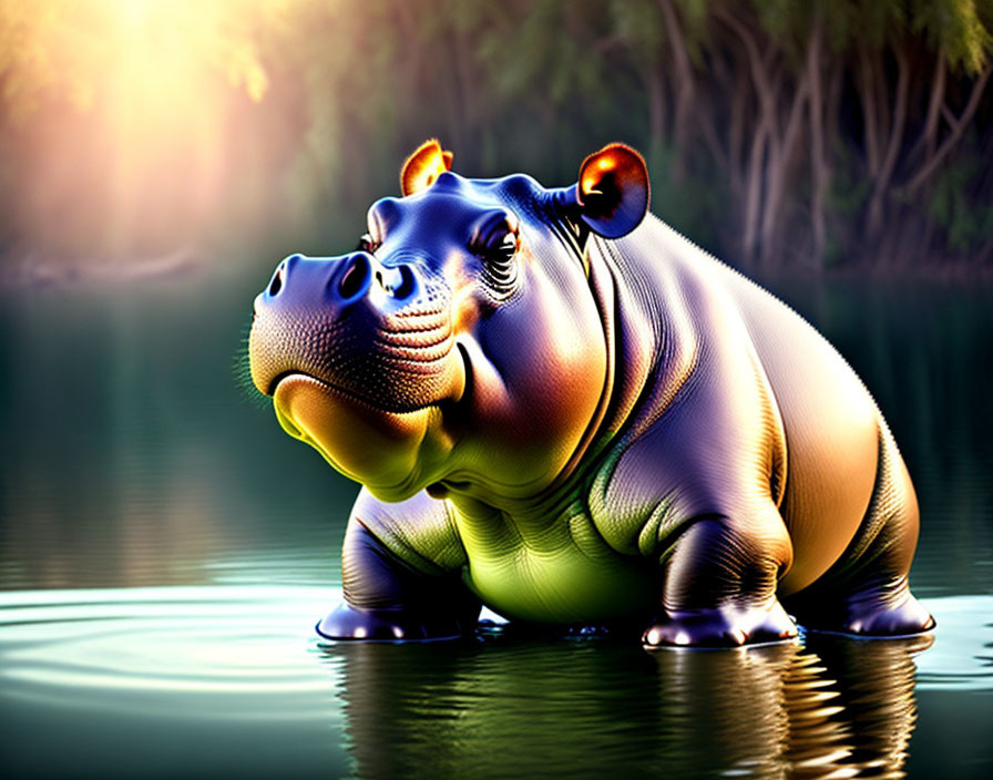 Colorful digital illustration of a hippopotamus in water with trees and sun