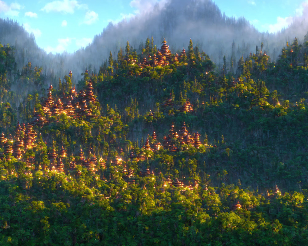 Sunlit green forested hills under hazy sky: a magical scene.