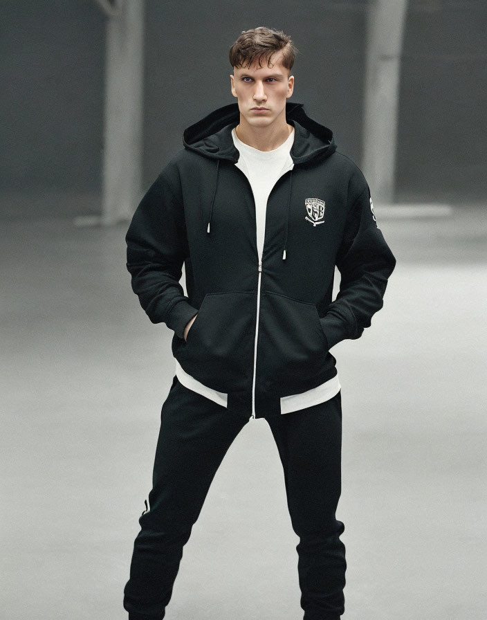 Man in black zip-up hoodie and joggers in grey setting