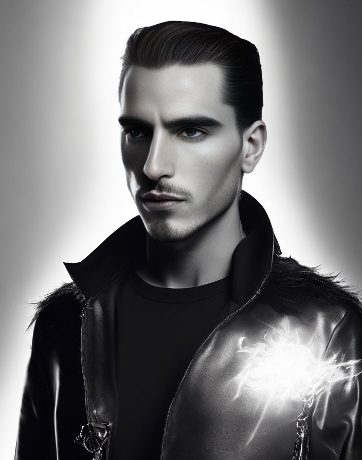 Man with Slicked-Back Hair in Leather Jacket with Glowing Emblem