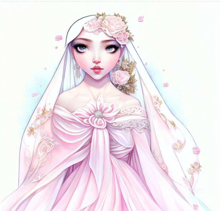 Stylized bride illustration in pink dress with floral crown