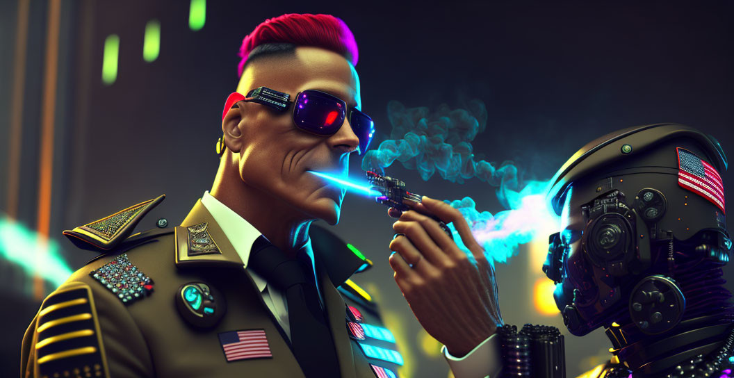 Man with Mohawk and Sunglasses Smoking Faces Robot in Neon Futuristic Scene