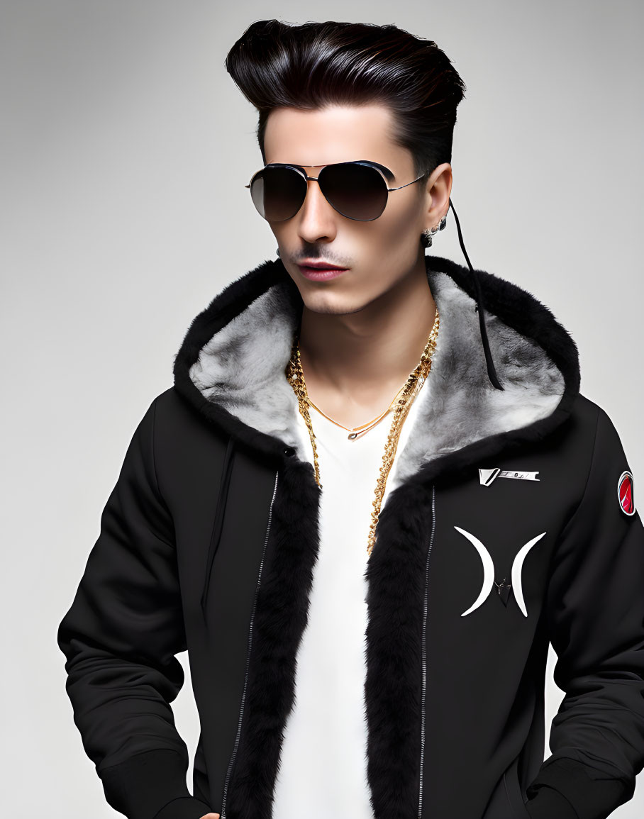 Fashionable man with pompadour hairstyle in sunglasses and fur-trimmed black jacket