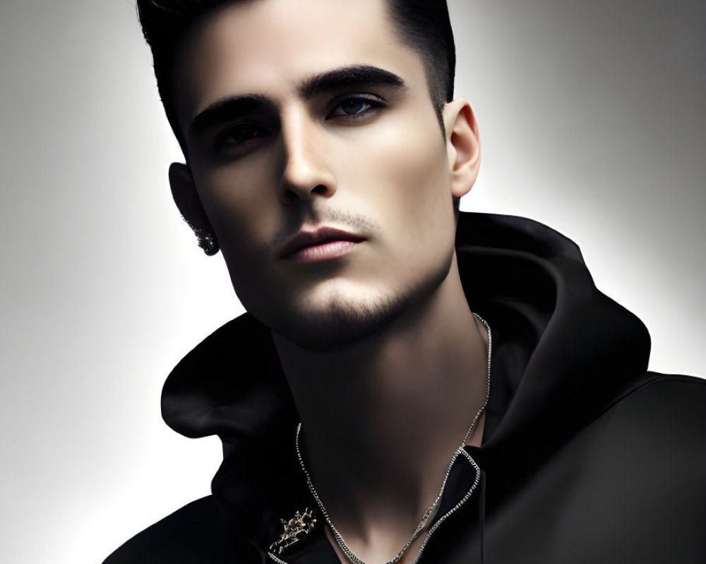 Stylish man in hoodie with chain, intense gaze, gradient backdrop