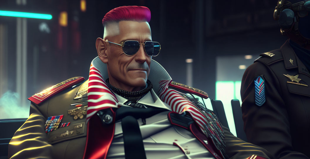 Man with Mohawk and Sunglasses in Ornate Military Jacket