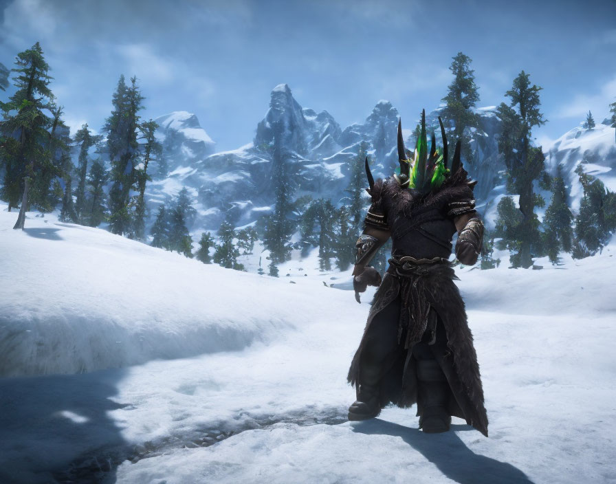 Warrior in Dark Armor Stands in Snowy Landscape