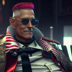 Man with Mohawk and Sunglasses Smoking Faces Robot in Neon Futuristic Scene