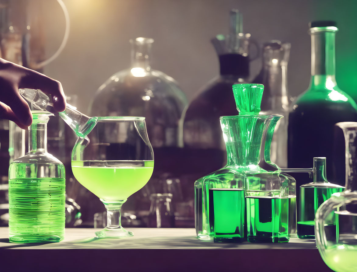 Chemistry-Themed Cocktail Setup with Green Liquid and Glassware