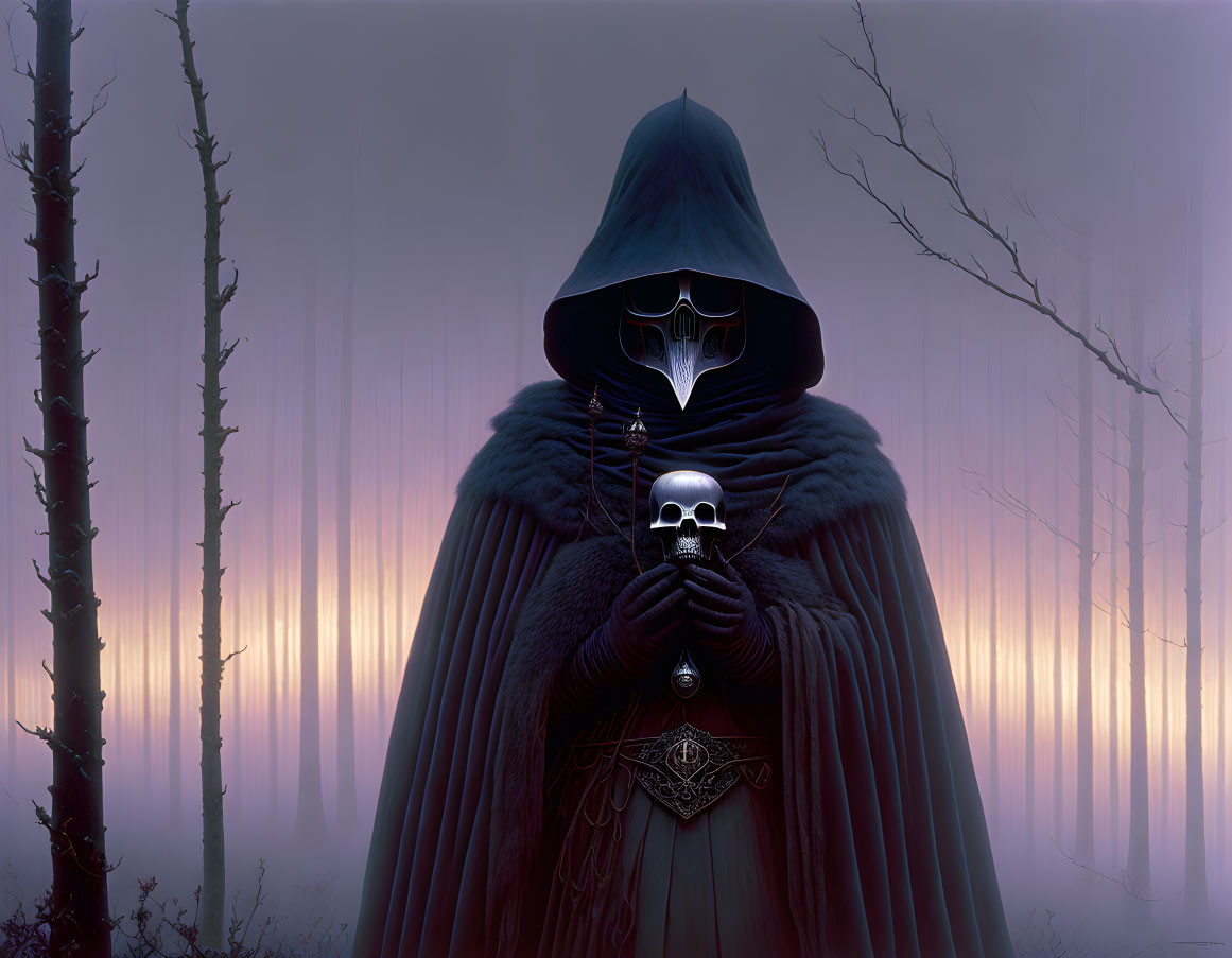 Mysterious cloaked figure with bird skull mask in misty forest