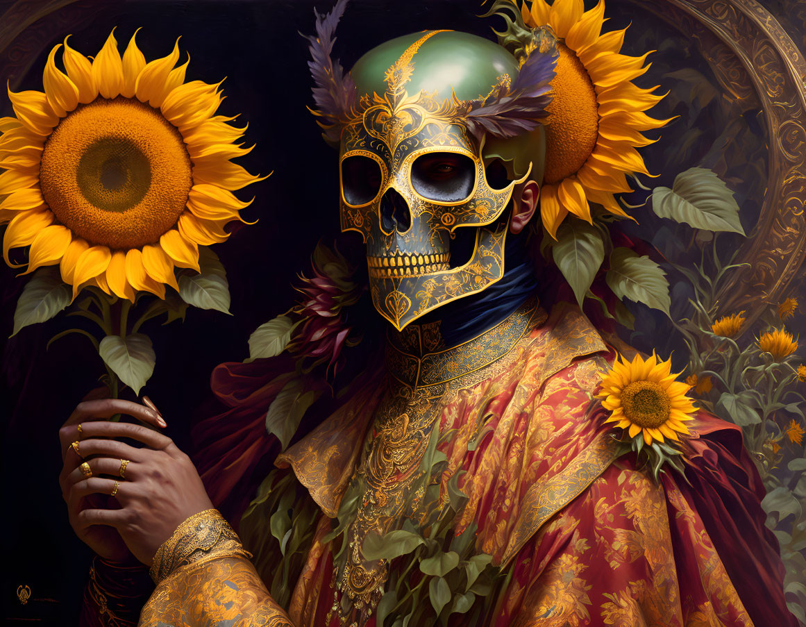 Person in ornate golden mask with floral motifs holding sunflower among sunflowers on dark background