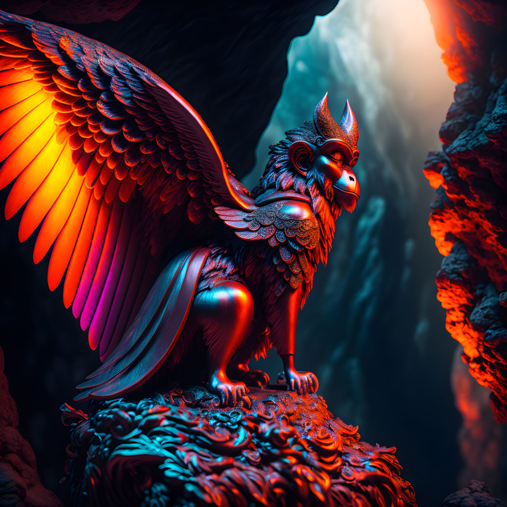 Colorful digital illustration of a mythical griffin in a cave