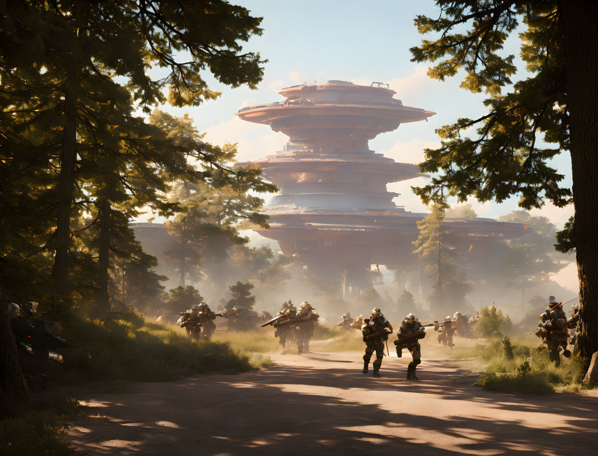 Futuristic military patrol in forest near large tower under sunlit sky