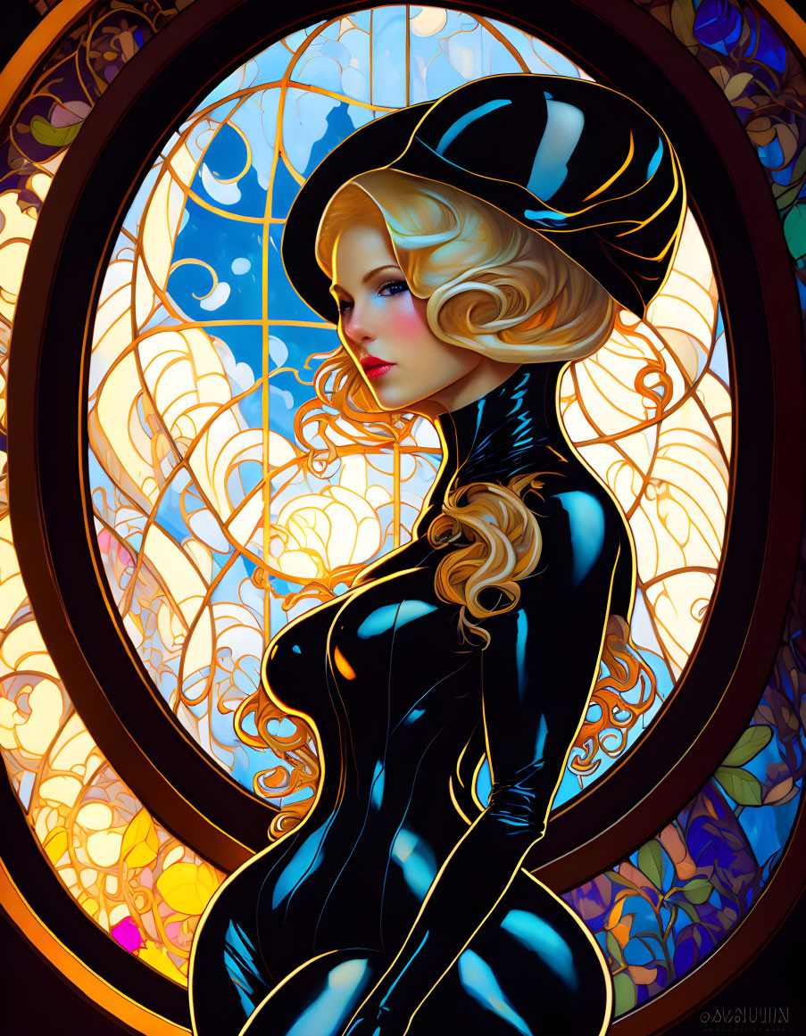 Female character with golden hair in black outfit against vibrant stained glass window