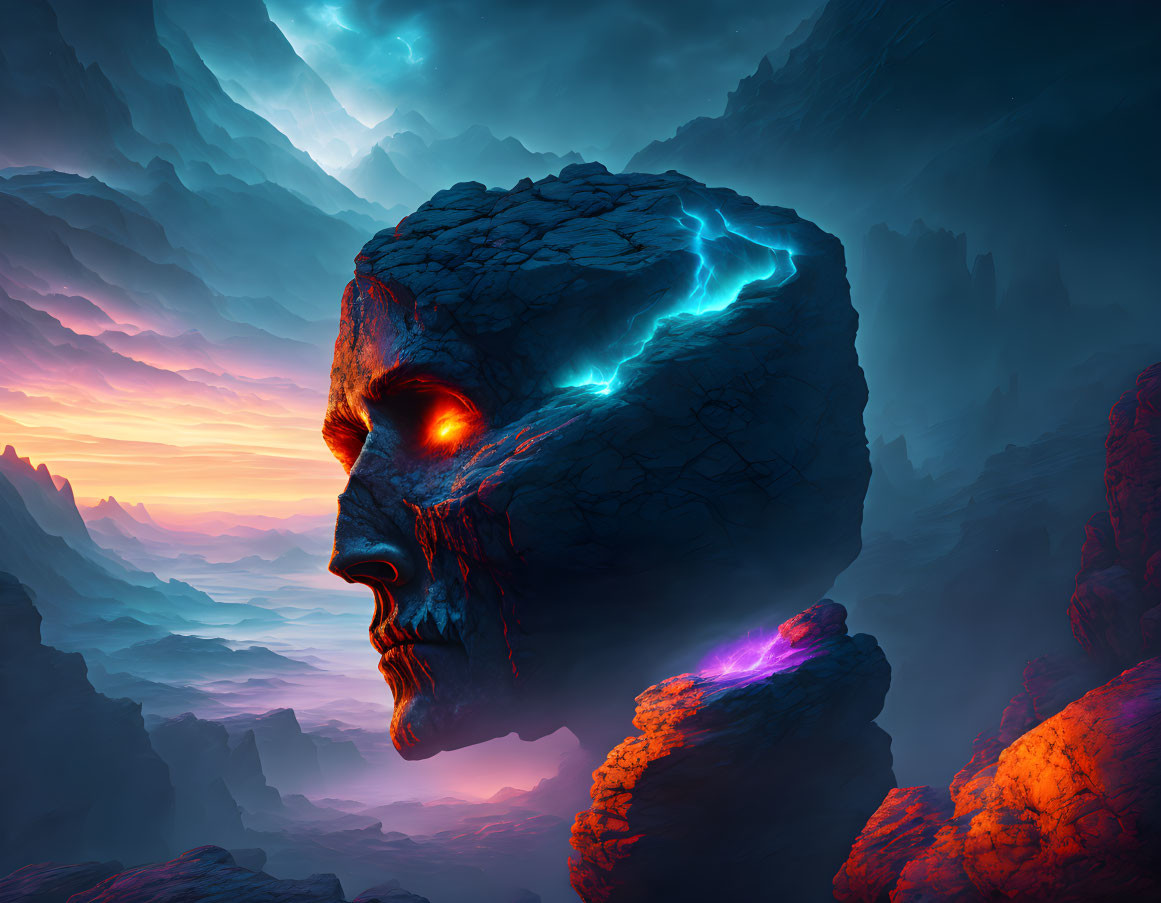 Surreal landscape with colossal stone face and fiery eyes amidst glowing cracks at sunset