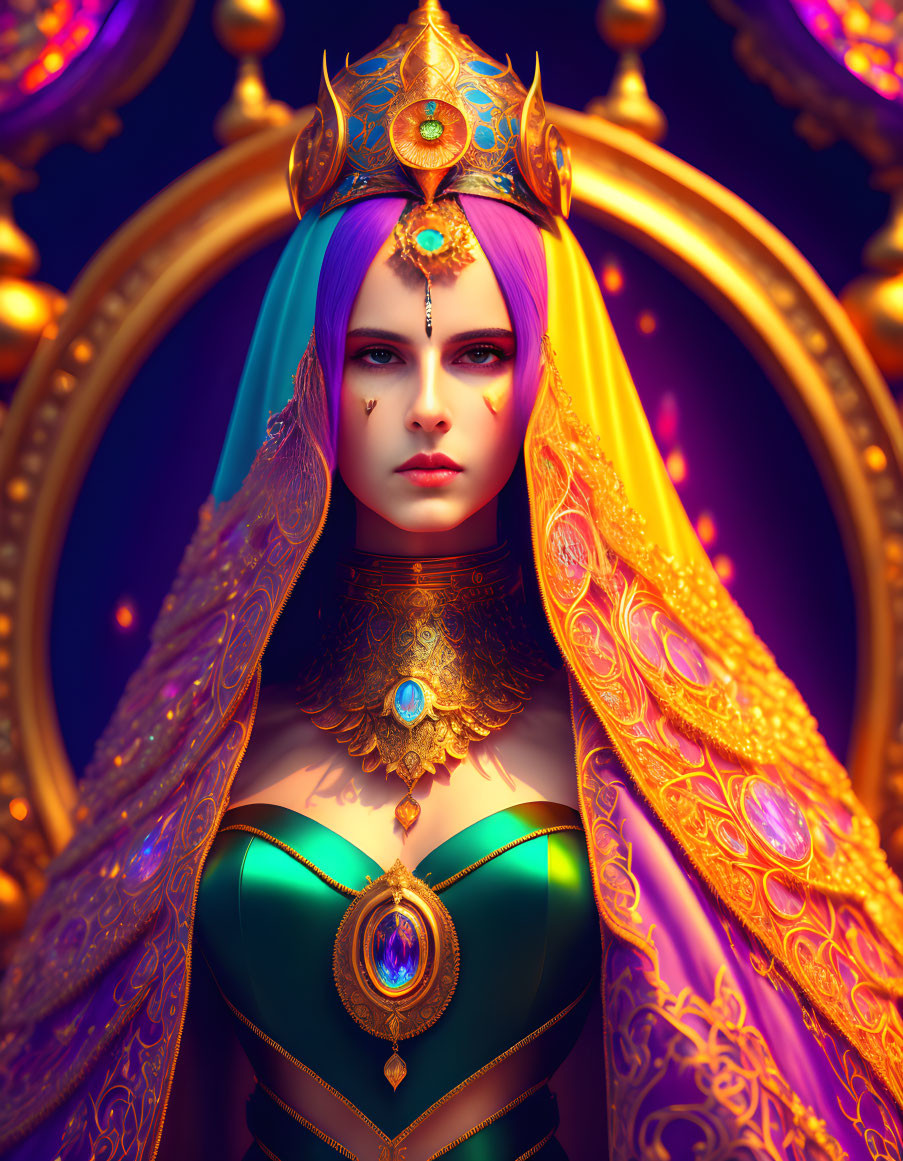 Regal figure with blue hair and ornate gold jewelry under a golden arch