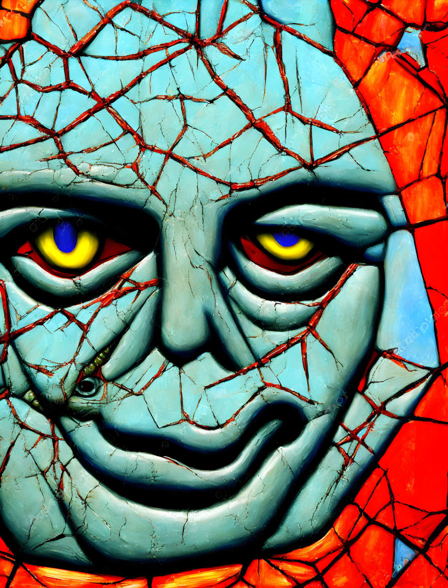 Colorful Cracked Mural with Stylized Face and Yellow Eyes