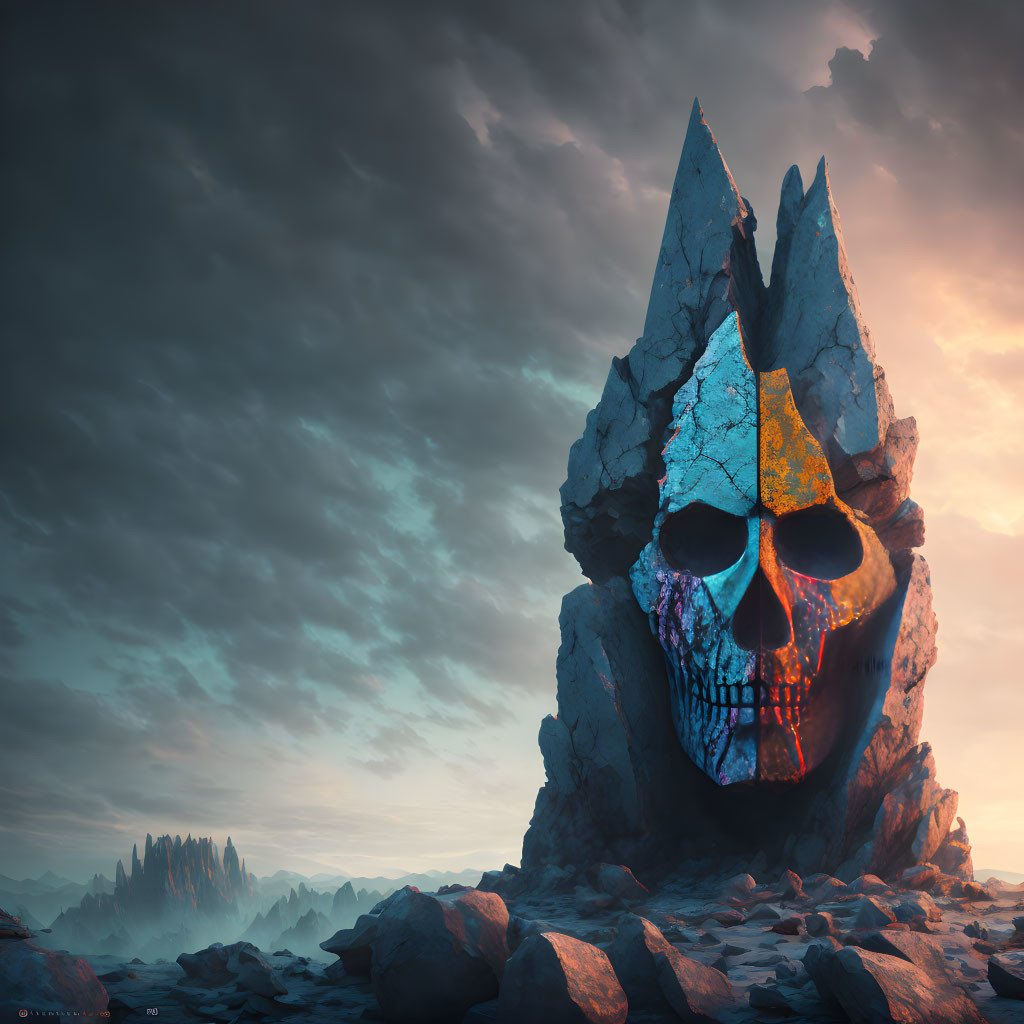 Colorful tribal markings on colossal skull in rocky landscape at dusk