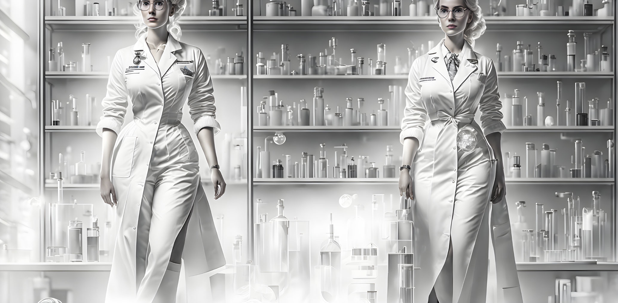 Two women in white lab coats with laboratory glassware shelves.