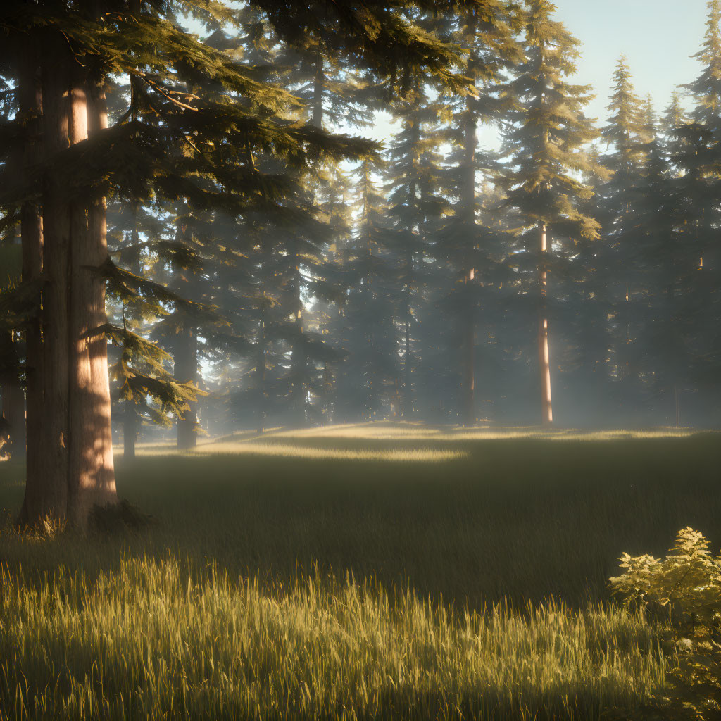 Tranquil forest scene with sunlight filtering through trees