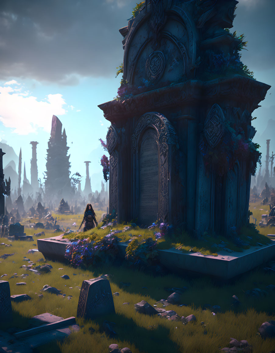 Ornate tombstones in serene dusk cemetery