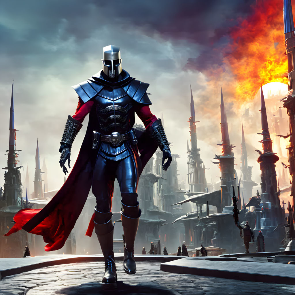 Futuristic knight in armored suit with red cape in dystopian cityscape