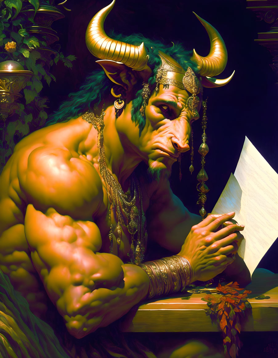 Muscular horned creature resembling a minotaur reading document at table