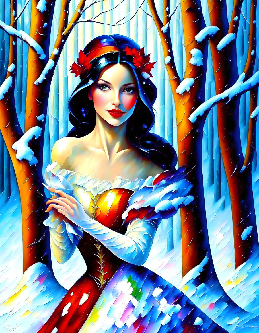 Stylized portrait of woman with floral crown in snowy forest