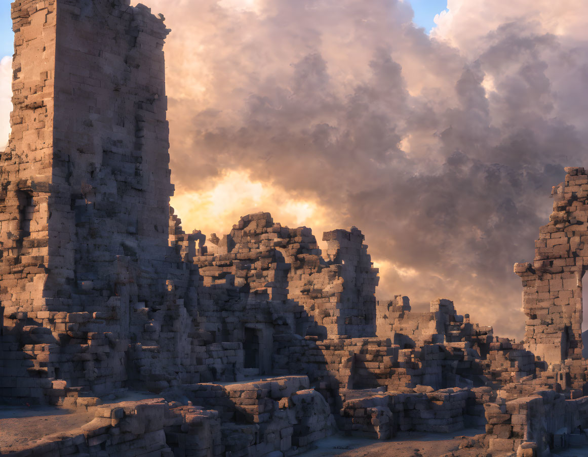 Ancient stone ruins with towering pillars under dramatic sunset sky