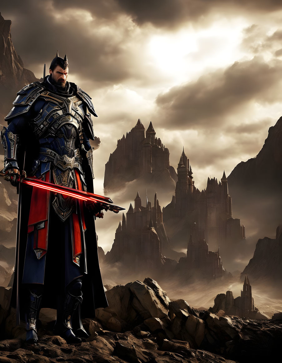 Knight in ornate armor with red sword at dark castle under dramatic sky