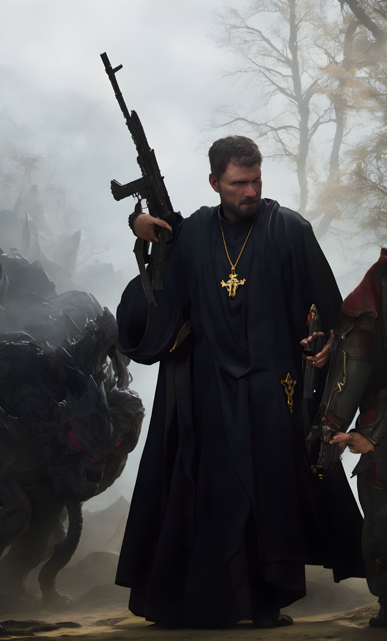 Priest in attire with rifle, shadowy beast, and armored figure in misty setting