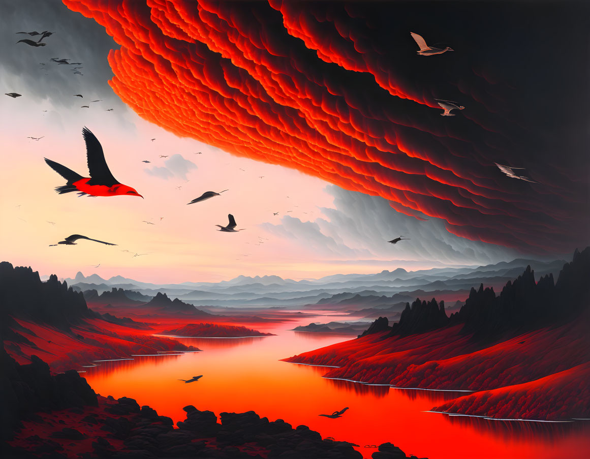 Surreal landscape with fiery red sky, river, and birds amid crimson mountains