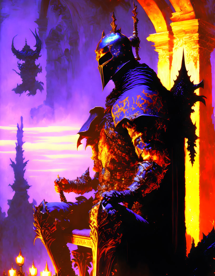 Armored figure on ornate throne in surreal landscape with flames and dark spires