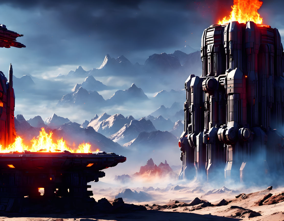 Sci-fi landscape with fiery explosions, futuristic facility, and towering mountains