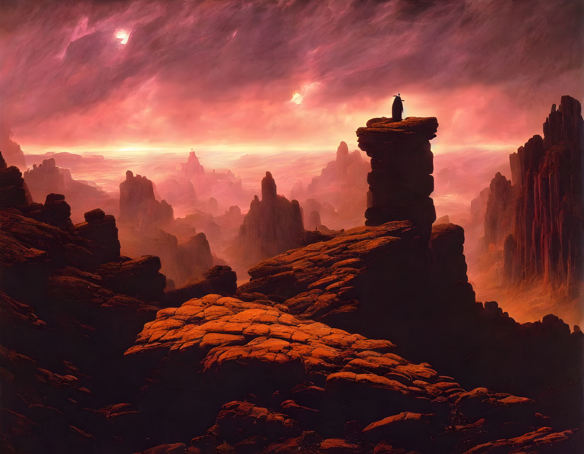 Solitary figure on tall rock pillar gazes at red, rugged landscape under dual celestial bodies