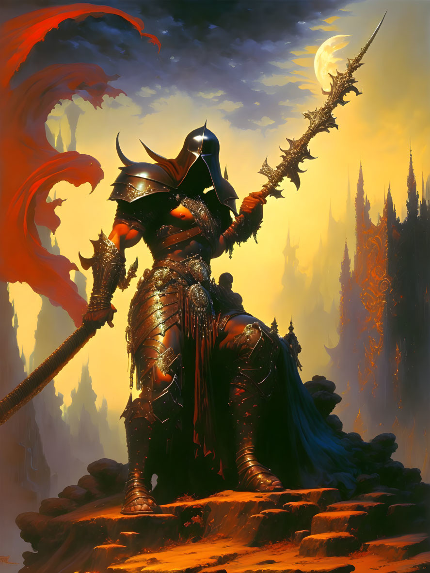 Fantasy armored warrior with a spear on cliff with fiery dragon, spires, and crescent moon