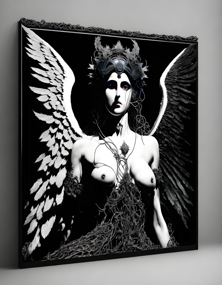 Monochrome winged female figure with ornate headgear on canvas