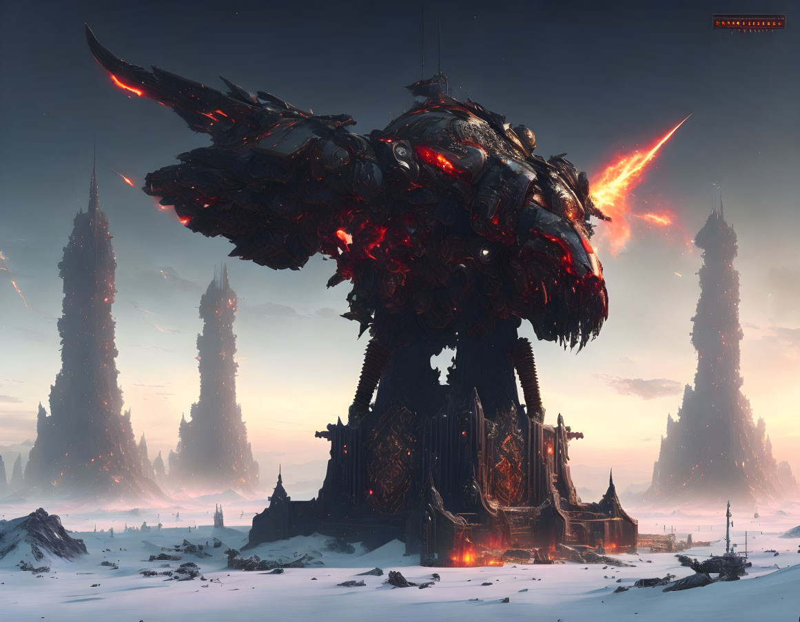 Giant dark mecha in snowy landscape with glowing red accents