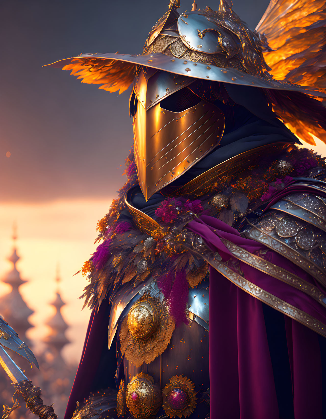 Golden-armored knight with winged helmet at sunset