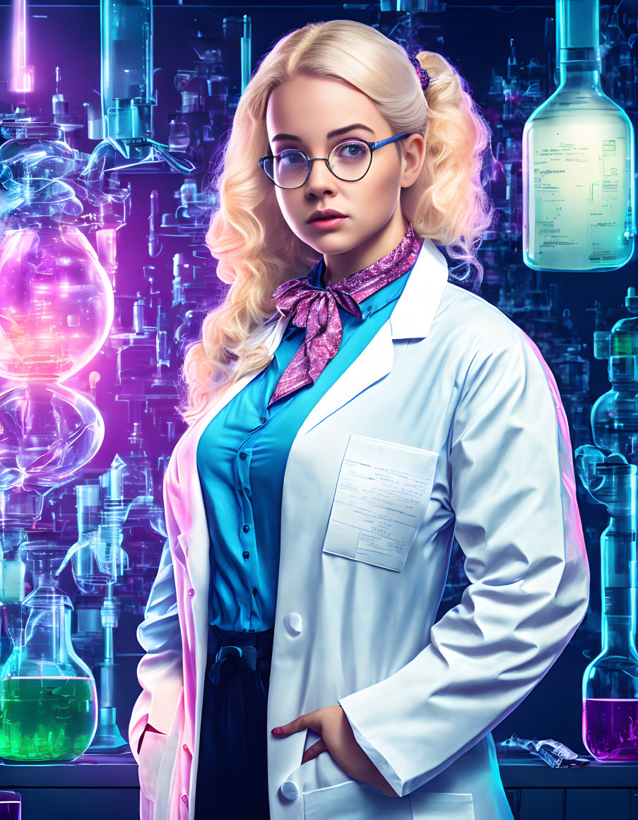 Scientist in lab coat with colorful chemicals and glowing blue backdrop