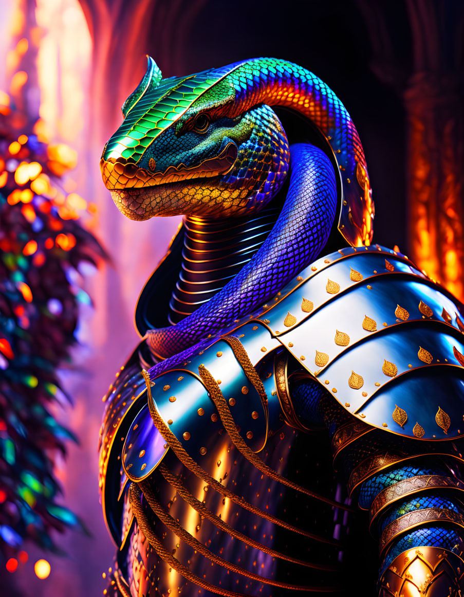 Colorful Digital Art: Anthropomorphic Snake in Gold Armor on Fiery Background