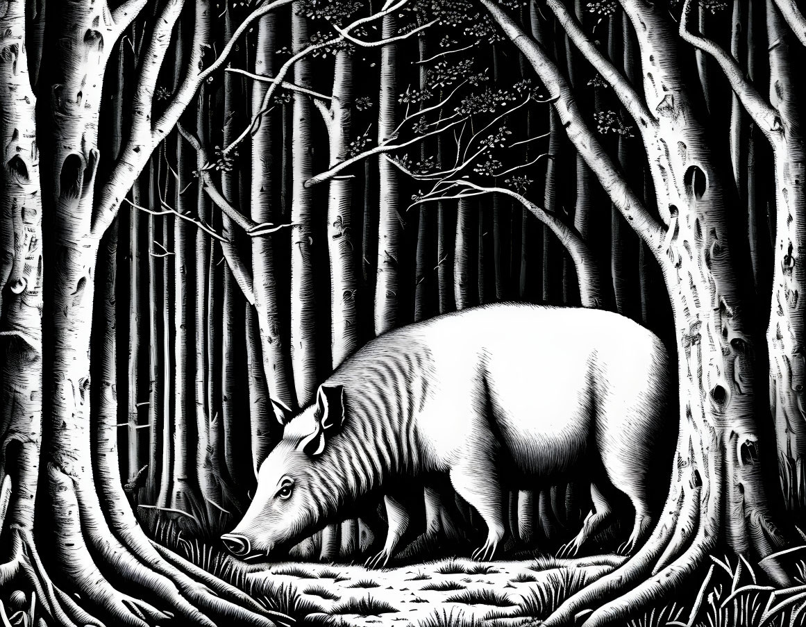 Monochrome drawing: Pig in intricate forest scene