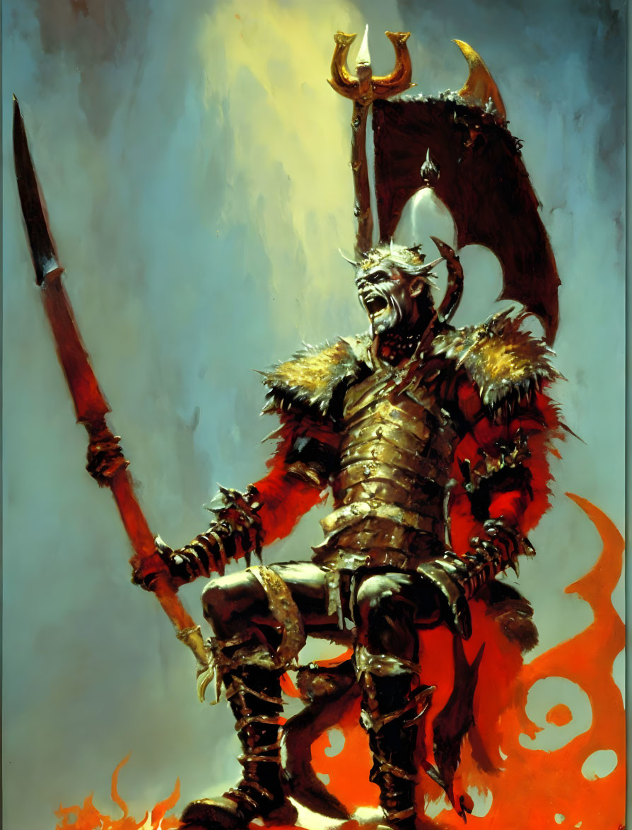 Armored warrior on throne with spear, shield, horned helmet, flames