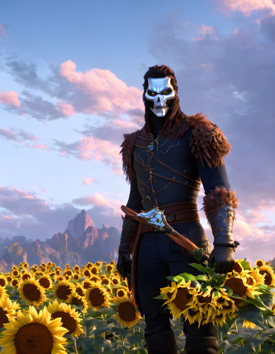 Skull Mask Character in Sunflower Field at Dusk