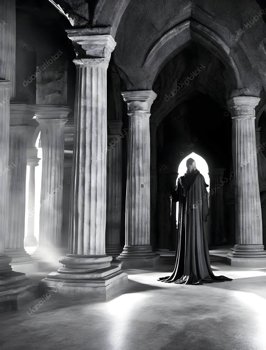 Hooded Figure in Gothic Hall with Columns and Arches