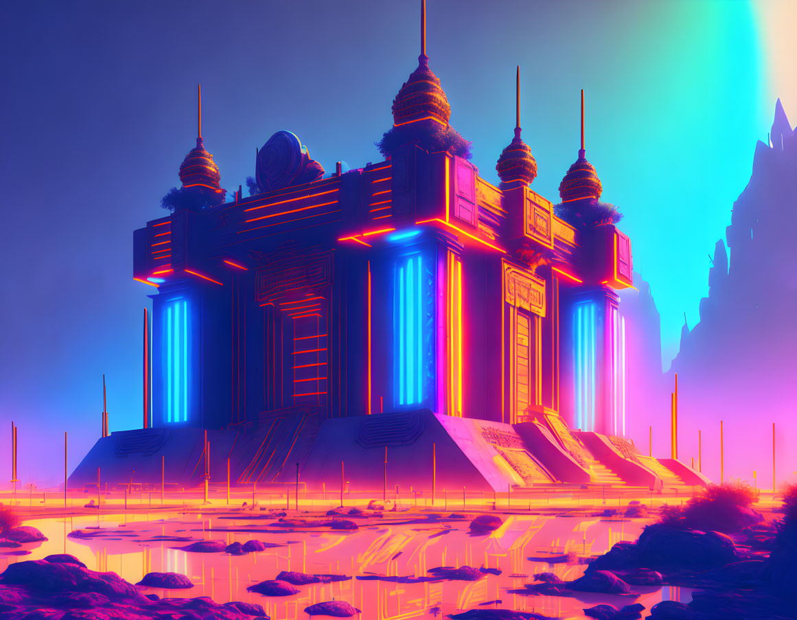 Futuristic neon-lit temple with spires in alien landscape